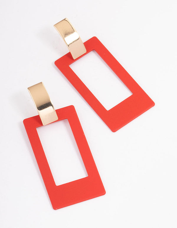 Red Large Open Square Drop Earrings