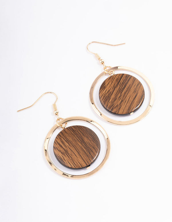 Brown Round Wood Drop Earrings