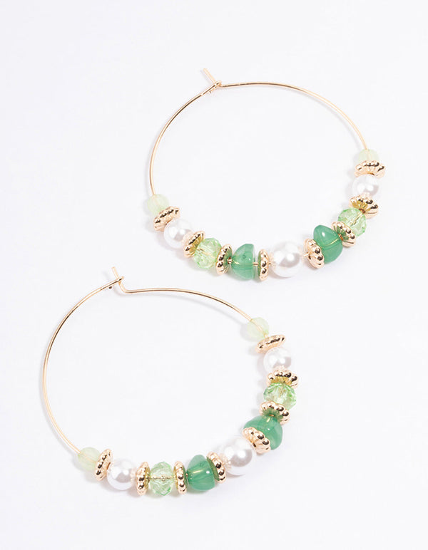Green Mixed Facet & Pearl Hoop Earrings - Lovisa
