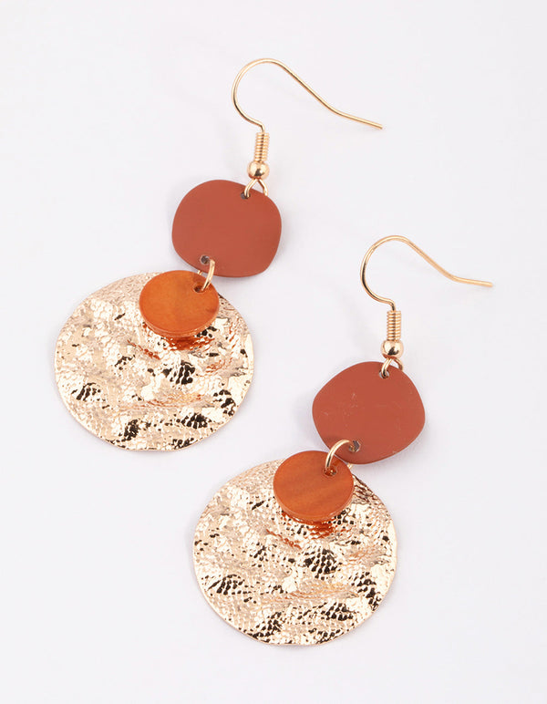 Brown Mixed Wrap & Hammered Disc Drop Earrings