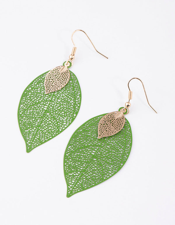 Green Mixed Filo Leaf Drop Earrings