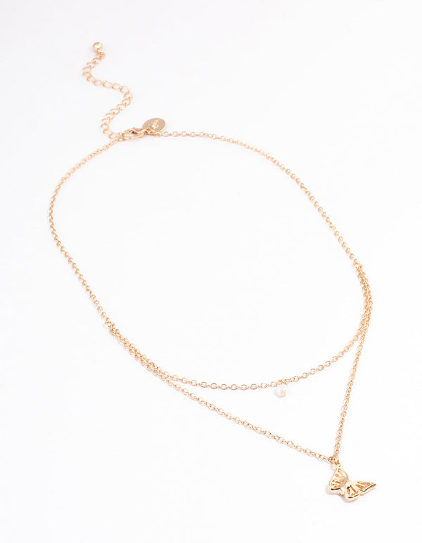 Gold Pearl & Butterfly Layered Necklace - Lovisa