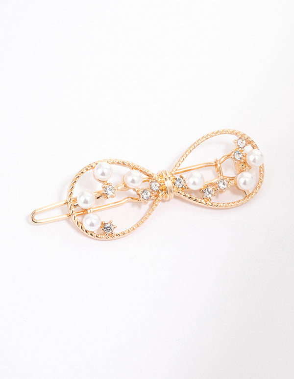 Gold Dainty Pearl Open Bow Clip
