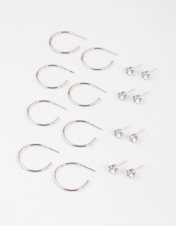 Rhodium Classic Diamante & Hoop Earrings 8-Pack