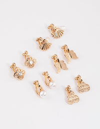 Gold Mixed Fan & Pearl Drop Earrings 5-Pack - link has visual effect only
