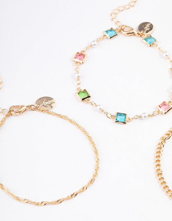 Gold Square Crystal Anklet Pack