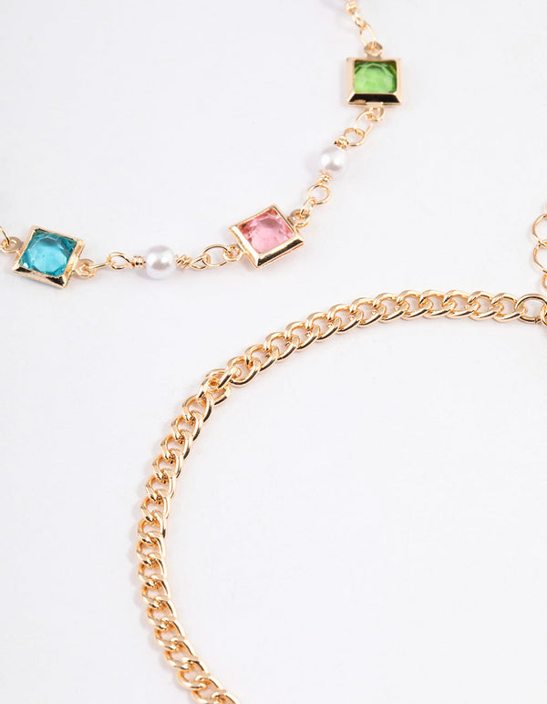 Gold Square Crystal Anklet Pack