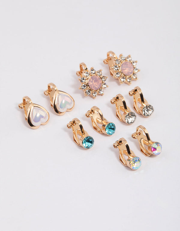 Gold Heart & Flower Clip On Earrings 5-Pack