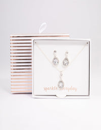 Silver Round & Pearl Halo Necklace & Drop Earrings Jewellery Set - link has visual effect only