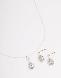 Silver Round & Pearl Halo Necklace & Drop Earrings Jewellery Set - link has visual effect only