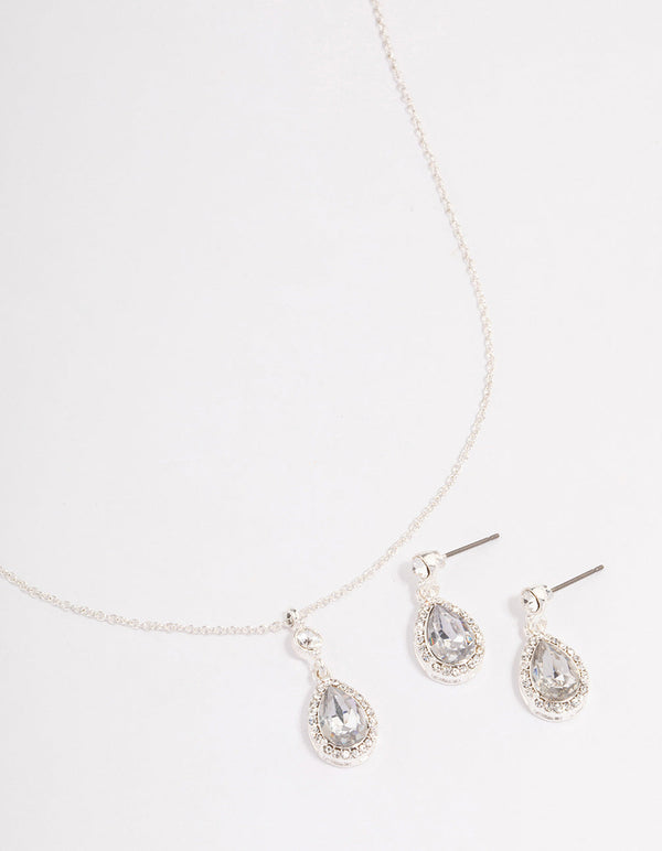 Silver Round & Pearl Halo Necklace & Drop Earrings Jewellery Set