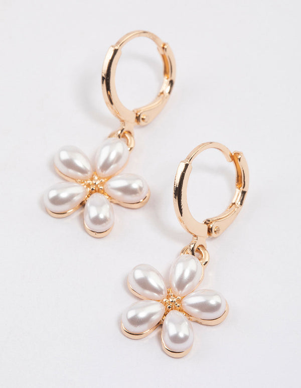 Gold Pearl Flower Huggie Earrings