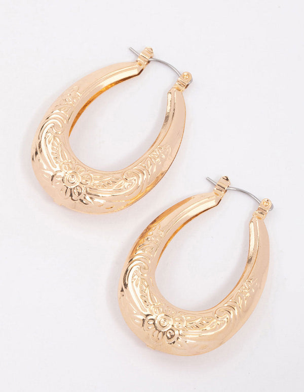 Gold Ornate Stamp Hoop Earrings