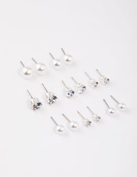 Silver Graduating Diamante & Pearl Earrings 8-Pack - link has visual effect only