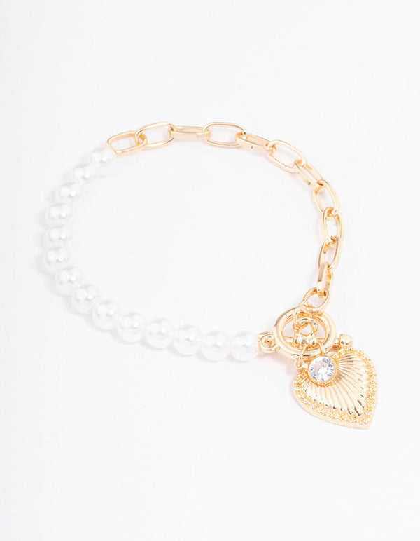 Gold Pearl Chain Heart Bracelet