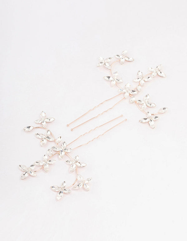 Rose Gold Flower Leaf Diamante Hair Pin Pack