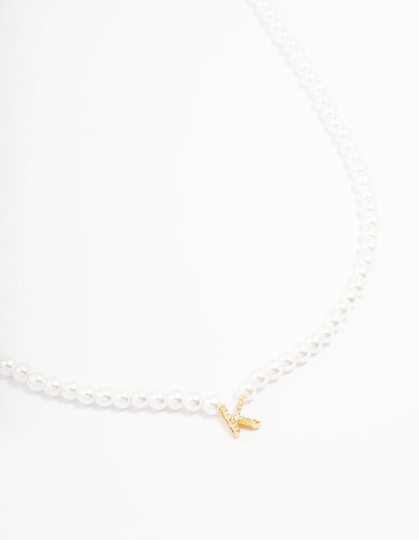 Gold Plated Letter K Initial & Pearl Pendant Necklace
