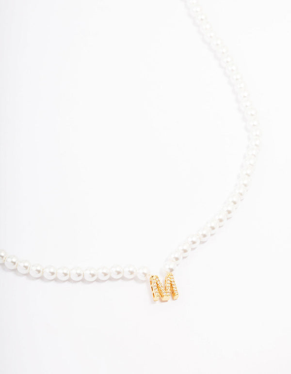 Gold Plated Letter M Initial & Pearl Pendant Necklace