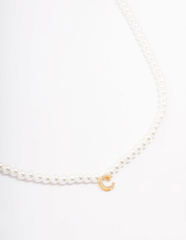 Gold Plated Letter C Initial & Pearl Pendant Necklace