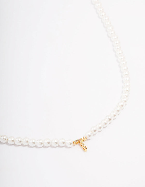 Gold Plated Letter T Initial & Pearl Pendant Necklace