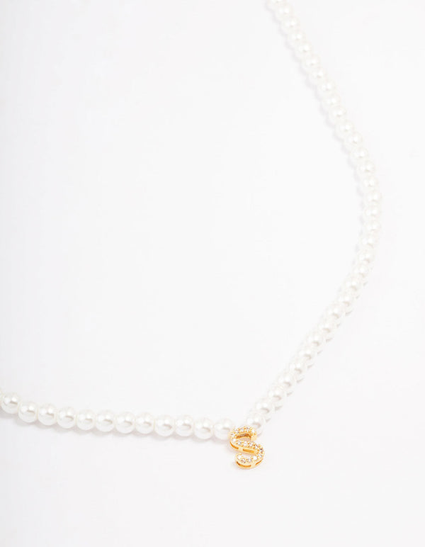 Gold Plated Letter S Initial & Pearl Pendant Necklace
