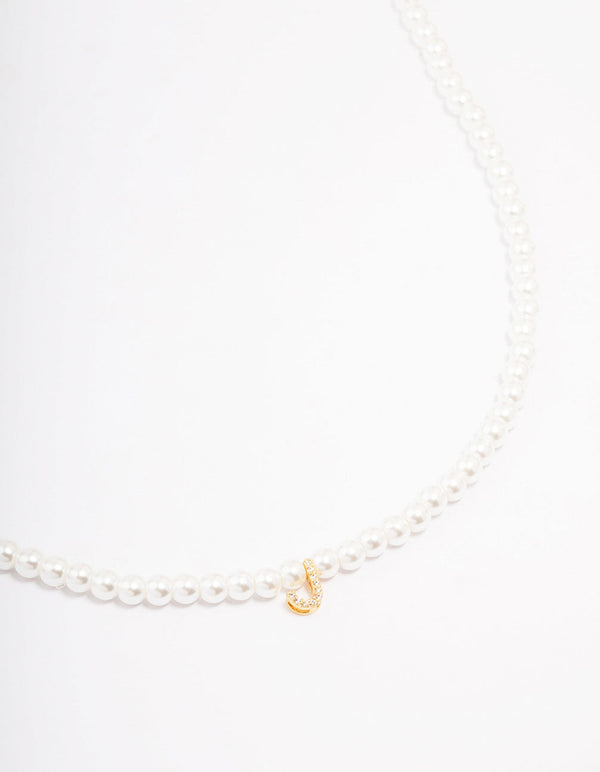 Gold Plated Letter J Initial & Pearl Pendant Necklace