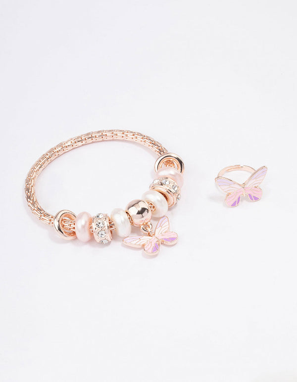 Kids Rose Gold Stretch Glitter Butterfly Bracelet & Ring Set