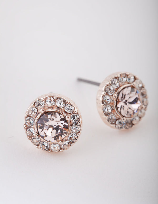 Rose Gold Pink Diamond Simulant Halo Stud Earrings