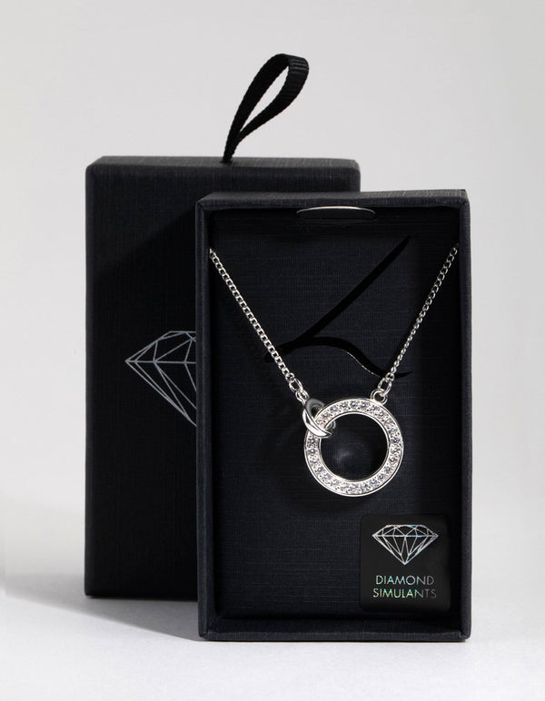 Silver Diamond Simulant Circle Link Necklace
